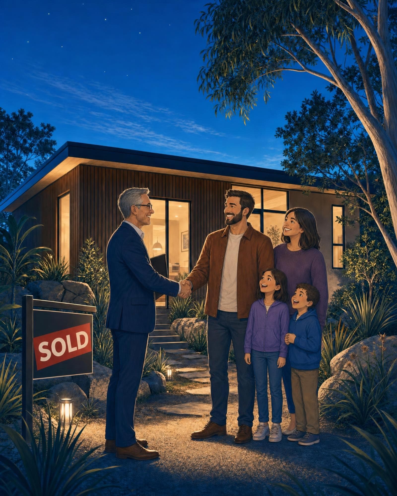 Illustration of a real estate agent shaking hands with a father while his family looks on, outside a modern home with a sold sign at twilight