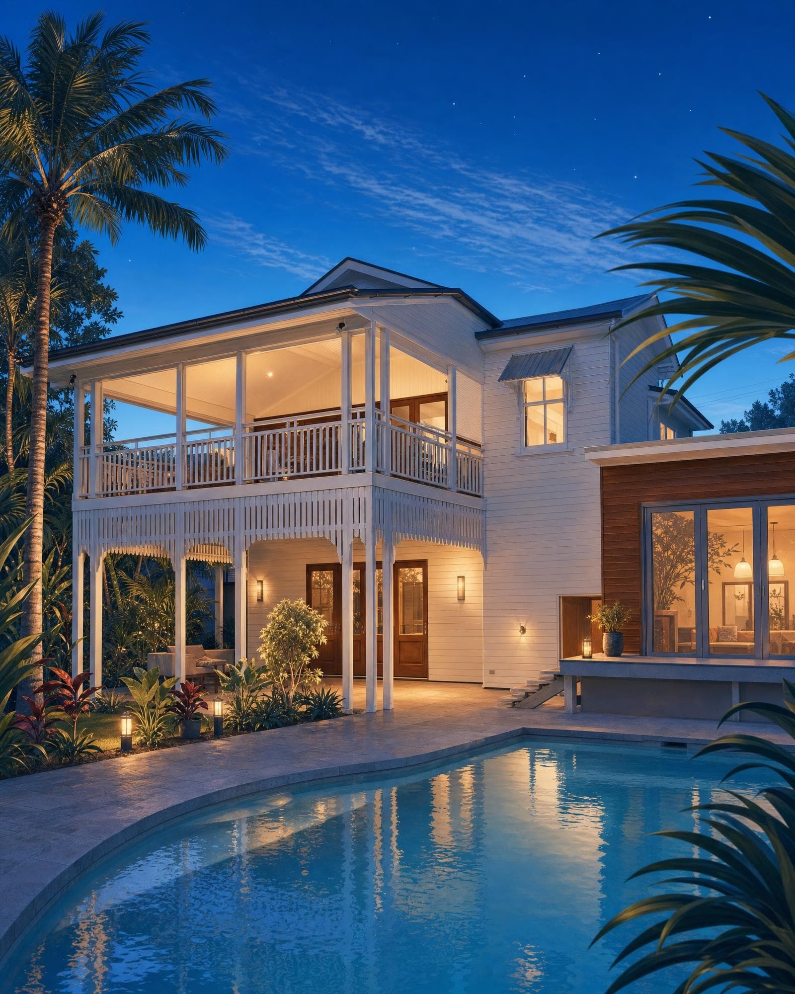 Illustration of a white Queenslander home with a swimming pool at twilight